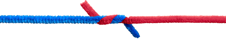A blue rope coming from the left and a red rope coming from the right, intertwined in the middle