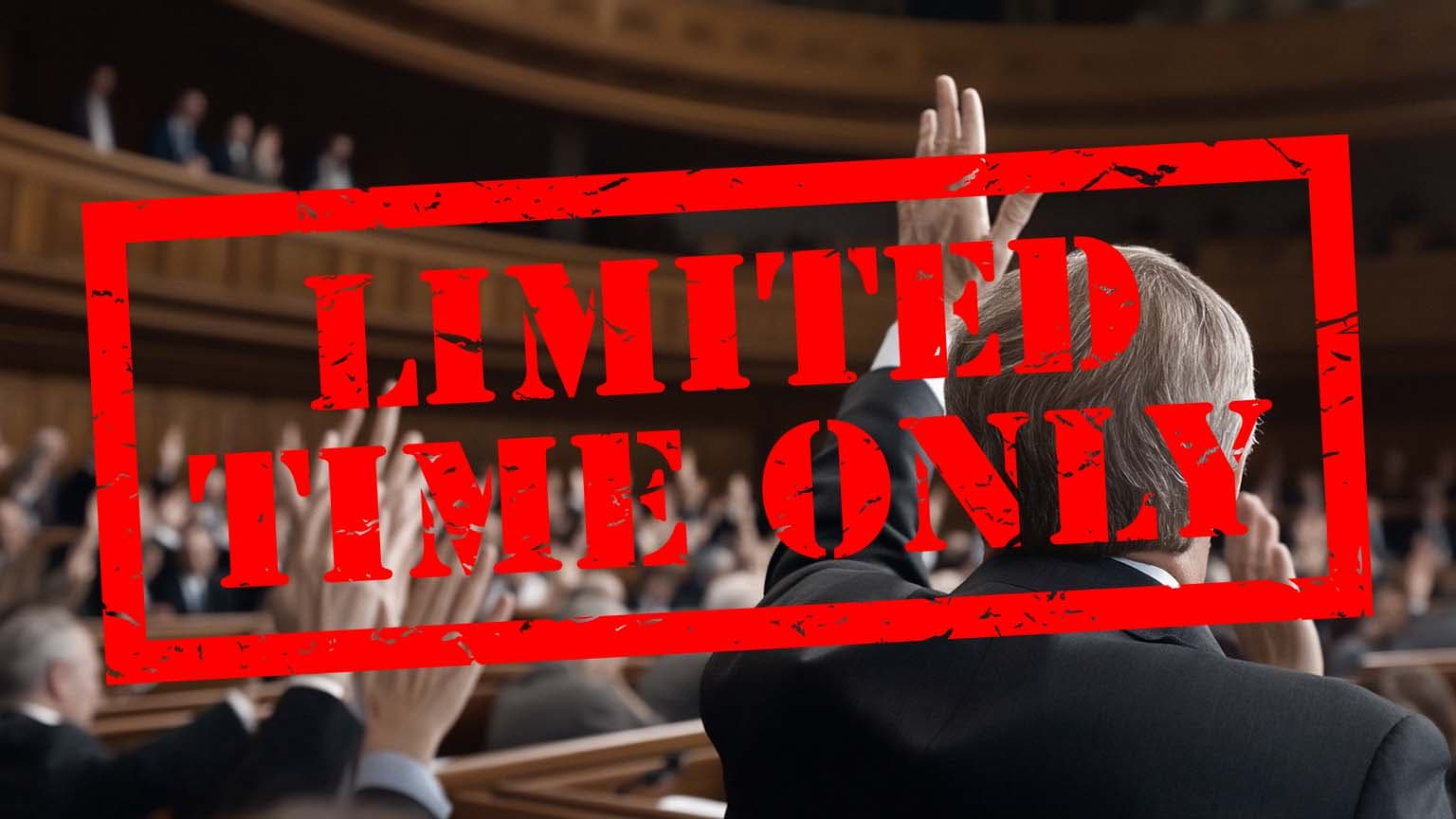 An image of politicians voting with the words "Limited time only" stamped on